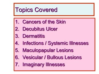 Topics Covered
1. Cancers of the Skin
2. Decubitus Ulcer
3. Dermatitis
4. Infections / Systemic Illnesses
5. Maculopapular Lesions
6. Vesicular / Bullous Lesions
7. Imaginary Illnesses
 