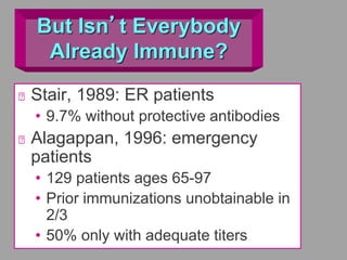 But Isn’t Everybody
Already Immune?
Stair, 1989: ER patients
• 9.7% without protective antibodies
Alagappan, 1996: emergency
patients
• 129 patients ages 65-97
• Prior immunizations unobtainable in
2/3
• 50% only with adequate titers
 