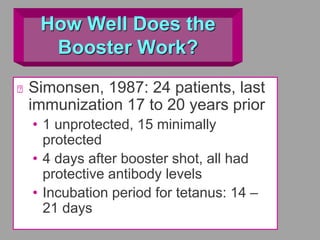 How Well Does the
Booster Work?
Simonsen, 1987: 24 patients, last
immunization 17 to 20 years prior
• 1 unprotected, 15 minimally
protected
• 4 days after booster shot, all had
protective antibody levels
• Incubation period for tetanus: 14 –
21 days
 