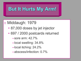 But It Hurts My Arm!
Middaugh: 1979
• 87,000 doses by jet injector
• 697 / 2000 postcards returned
–sore arm: 42.7%
–local swelling: 34.8%
–local itching: 24.2%
–abscess/infection: 0.7%
 