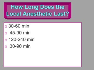 How Long Does the
Local Anesthetic Last?
30-60 min
45-90 min
120-240 min
30-90 min
 