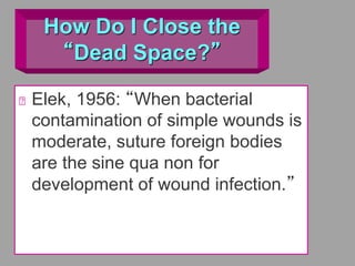 How Do I Close the
“Dead Space?”
Elek, 1956: “When bacterial
contamination of simple wounds is
moderate, suture foreign bodies
are the sine qua non for
development of wound infection.”
 