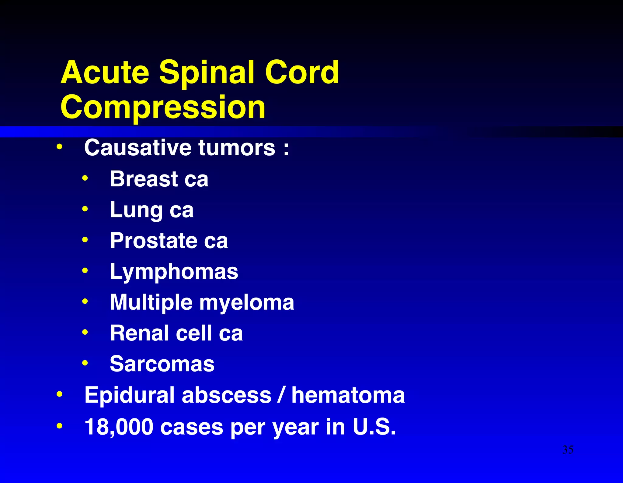 Acute Spinal Cord 
Compression 
• Causative tumors :! 
• Breast ca! 
• Lung ca! 
• Prostate ca! 
• Lymphomas! 
• Multiple myeloma! 
• Renal cell ca! 
• Sarcomas! 
• Epidural abscess / hematoma! 
• 18,000 cases per year in U.S. 
35 
 