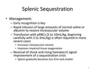 Splenic Sequestration
• Management:
– Early recognition is key
– Rapid infusion of large amounts of normal saline or
albumin to restore intravascular volume
– Transfusion with pRBCs (5 to 10mL/kg, beginning
carefully with 2 to 3mL/kg) is often required in more
severe cases
• Increases intravascular volume
• Improves impaired tissue oxygenation
– Reversal of shock and rising hematocrit signal
improvement of a sequestration crisis
• Spleen gradually becomes less firm and smaller
36
 