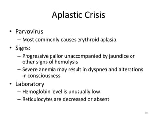 Aplastic Crisis
• Parvovirus
– Most commonly causes erythroid aplasia
• Signs:
– Progressive pallor unaccompanied by jaundice or
other signs of hemolysis
– Severe anemia may result in dyspnea and alterations
in consciousness
• Laboratory
– Hemoglobin level is unusually low
– Reticulocytes are decreased or absent
38
 