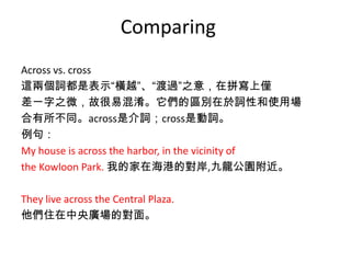 Comparing
Across vs. cross
這兩個詞都是表示“橫越”、“渡過”之意，在拼寫上僅
差一字之微，故很易混淆。它們的區別在於詞性和使用場
合有所不同。across是介詞；cross是動詞。
例句：
My house is across the harbor, in the vicinity of
the Kowloon Park. 我的家在海港的對岸,九龍公園附近。
They live across the Central Plaza.
他們住在中央廣場的對面。
 