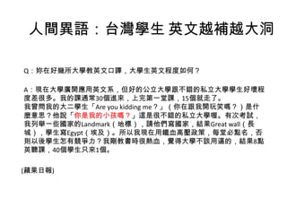 人間異語：台灣學生 英文越補越大洞
Q：妳在好幾所大學教英文口譯，大學生英文程度如何？
A：現在大學廣開應用英文系，但好的公立大學跟不錯的私立大學學生好壞程
度差很多。我的課通常30個進來，上完第一堂課，15個就走了。
我曾問我的大二學生「Are you kidding me？」（你在跟我開玩笑嗎？）是什
麼意思？他說「你是我的小孩嗎？」這是很不錯的私立大學喔。有次考試，
我列舉一些國家的Landmark（地標），請他們寫國家，結果Great wall（長
城），學生寫Egypt（埃及）。所以我現在用鐵血高壓政策，每堂必點名，否
則以後學生怎有競爭力？我剛教書時很熱血，覺得大學不該用逼的，結果8點
英聽課，40個學生只來1個。
(蘋果日報)
 