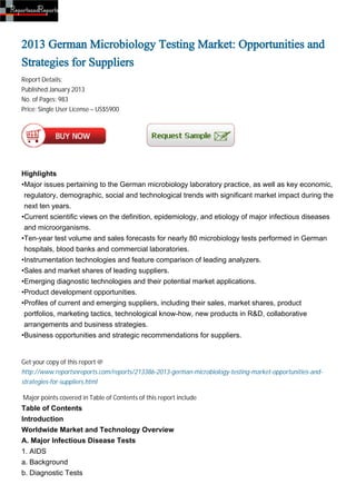 2013 German Microbiology Testing Market: Opportunities and
Strategies for Suppliers
Report Details:
Published:January 2013
No. of Pages: 983
Price: Single User License – US$5900




Highlights
•Major issues pertaining to the German microbiology laboratory practice, as well as key economic,
 regulatory, demographic, social and technological trends with significant market impact during the
 next ten years.
•Current scientific views on the definition, epidemiology, and etiology of major infectious diseases
 and microorganisms.
•Ten-year test volume and sales forecasts for nearly 80 microbiology tests performed in German
 hospitals, blood banks and commercial laboratories.
•Instrumentation technologies and feature comparison of leading analyzers.
•Sales and market shares of leading suppliers.
•Emerging diagnostic technologies and their potential market applications.
•Product development opportunities.
•Profiles of current and emerging suppliers, including their sales, market shares, product
 portfolios, marketing tactics, technological know-how, new products in R&D, collaborative
 arrangements and business strategies.
•Business opportunities and strategic recommendations for suppliers.


Get your copy of this report @
http://www.reportsnreports.com/reports/213386-2013-german-microbiology-testing-market-opportunities-and-
strategies-for-suppliers.html

Major points covered in Table of Contents of this report include
Table of Contents
Introduction
Worldwide Market and Technology Overview
A. Major Infectious Disease Tests
1. AIDS
a. Background
b. Diagnostic Tests
 