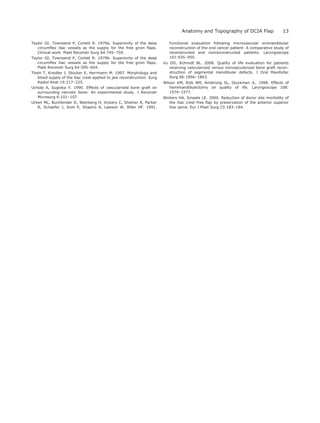 Taylor GI, Townsend P, Corlett R. 1979a. Superiority of the deep
circumﬂex iliac vessels as the supply for the free groin ﬂaps.
Clinical work. Plast Reconstr Surg 64:745–759.
Taylor GI, Townsend P, Corlett R. 1979b. Superiority of the deep
circumﬂex iliac vessels as the supply for the free groin ﬂaps.
Plast Reconstr Surg 64:595–604.
Thein T, Kreidler J, Stocker E, Herrmann M. 1997. Morphology and
blood supply of the iliac crest applied to jaw reconstruction. Surg
Radiol Anat 19:217–225.
Uchida A, Sugioka Y. 1990. Effects of vascularized bone graft on
surrounding necrotic bone: An experimental study. J Reconstr
Microsurg 6:101–107.
Urken ML, Buchbinder D, Weinberg H, Vickery C, Sheiner A, Parker
R, Schaefer J, Som P, Shapiro A, Lawson W, Biller HF. 1991.
Functional evaluation following microvascular oromandibular
reconstruction of the oral cancer patient: A comparative study of
reconstructed and nonreconstructed patients. Laryngoscope
101:935–950.
Vu DD, Schmidt BL. 2008. Quality of life evaluation for patients
receiving vascularized versus nonvascularized bone graft recon-
struction of segmental mandibular defects. J Oral Maxillofac
Surg 66:1856–1863.
Wilson KM, Rizk NM, Amstrong SL, Gluckman JL. 1998. Effects of
hemimandibulectomy on quality of life. Laryngoscope 108:
1574–1577.
Winters HA, Smeele LE. 2000. Reduction of donor site morbidity of
the iliac crest free ﬂap by preservation of the anterior superior
iliac spine. Eur J Plast Surg 23:183–184.
13Anatomy and Topography of DCIA Flap
 
