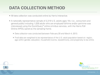 DATA COLLECTION METHOD
•	 All data collection was conducted online by Harris Interactive.

•	 A nationally representative sample of 2,219 U.S. adults ages 18+ (i.e., consumers and
   general public) including 1,028 adults who are employed full-time and/or part-time was
   interviewed using the QuickQuery℠ online omnibus services, with the Harris Poll
   Online (HPOL) panel as the sampling frame.

    •	 Date collection was conducted between February 28 and March 4, 2013.

    •	 Final data are weighted to be representative of the U.S. adult population based on: region,
       age within gender, education, household income, race/ethnicity, and propensity to be online.




                                                                                           ©2013 Gibbs & Soell   17
 