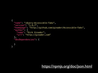 {
"name": "jQuery-Accessible-Tabs",
"version": "1.9.7",
"homepage": "http://github.com/ginader/Accessible-Tabs",
"author": {
"name": "Dirk Ginader",
"url": "http://ginader.com"
},
"devDependencies": {
}
}
https://npmjs.org/doc/json.html
 