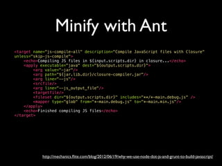 Minify with Ant
<target name="js-compile-all" description="Compile JavaScript files with Closure"
unless="skip-js-compile">
<echo>Compiling JS files in ${input.scripts.dir} in closure...</echo>
<apply executable="java" dest="${output.scripts.dir}">
<arg value="-jar"/>
<arg path="${jar.lib.dir}/closure-compiler.jar"/>
<arg line="--js"/>
<srcfile/>
<arg line="--js_output_file"/>
<targetfile/>
<fileset dir="${output.scripts.dir}" includes="**/*-main.debug.js" />
<mapper type="glob" from="*-main.debug.js" to="*-main.min.js"/>
</apply>
<echo>Finished compiling JS files</echo>
</target>
http://mechanics.ﬂite.com/blog/2012/06/19/why-we-use-node-dot-js-and-grunt-to-build-javascript/
 