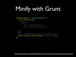Minify with Grunt
http://mechanics.ﬂite.com/blog/2012/06/19/why-we-use-node-dot-js-and-grunt-to-build-javascript/
module.exports = function(grunt) {
grunt.initConfig({
uglify: {
dist: {
src: 'dist/myfile.js',
dest: 'dist/myfile.min.js'
}
}
});
grunt.loadNpmTasks('grunt-contrib-uglify');
grunt.registerTask('default', ['uglify']);
};
 