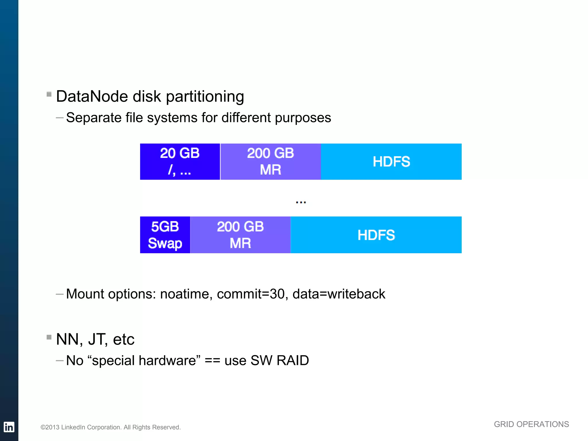 § DataNode disk partitioning
               – Separate file systems for different purposes

                                                   20 GB        200 GB
                                                                                HDFS
                                                    /, ...        MR

                                                                         ...

                                              5GB            200 GB
                                                                               HDFS
                                              Swap             MR


               – Mount options: noatime, commit=30, data=writeback


           § NN, JT, etc
               – No “special hardware” == use SW RAID




          ©2013 LinkedIn Corporation. All Rights Reserved.                             GRID OPERATIONS

Wednesday, March 20, 13
 