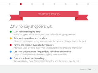WHAT WE FOUND

2013 holiday shoppers will:
Start holiday shopping early
Half of shoppers will research purchases before Th...