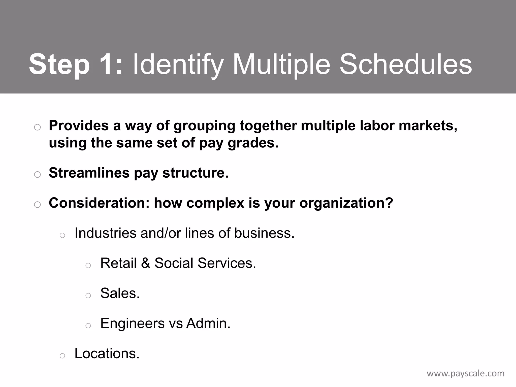 Step 1: Identify Multiple Schedules
o Provides a way of grouping together multiple labor markets,
using the same set of pay grades.
o Streamlines pay structure.
o Consideration: how complex is your organization?
o

Industries and/or lines of business.
o

o

Sales.

o
o

Retail & Social Services.

Engineers vs Admin.

Locations.
www.payscale.com

 