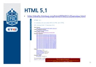 HTML milestone
                   2012             2013    2014         2015        2016         2017        2018        2019    2020

                 CR            …CR,
HTML5.0                                    REC        …            …
                 start         LC

                                           LC +
HTML5.1 FPWD ---                                      … CR         REC
                                           CR

                                                                   LC +
HTML5.x                                    FPWD ---                              … CR       REC
                                                                   CR

                                                                                            LC +
HTML6.x                                                            FPWD ---                             … CR     REC
                                                                                            CR




FPWD:First Public Working Draft                  LCWD: Last Call Working Draft   PR: Proposed Recommendation
WD: Working Draft                                CR : Candidate Recommendation   REC: Recommendation
 