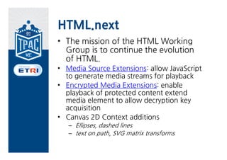 HTML 5.1
•   http://drafts.htmlwg.org/html/FPWD51/Overview.html




                                                         32
 