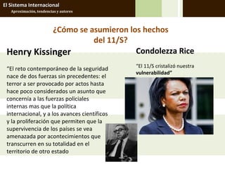 El Sistema Internacional
   Aproximación, tendencias y autores




            ¿Cómo se asumieron los hechos
                      del 11/S?
 Henry Kissinger                 Condolezza Rice
                                              “El 11/S cristalizó nuestra
 “El reto contemporáneo de la seguridad
                                              vulnerabilidad”
 nace de dos fuerzas sin precedentes: el
 terror a ser provocado por actos hasta
 hace poco considerados un asunto que
 concernía a las fuerzas policiales
 internas mas que la política
 internacional, y a los avances científicos
 y la proliferación que permiten que la
 supervivencia de los países se vea
 amenazada por acontecimientos que
 transcurren en su totalidad en el
 territorio de otro estado
 