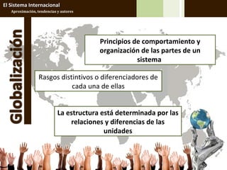 El Sistema Internacional
   Aproximación, tendencias y autores




                                         Principios de comportamiento y
                                         organización de las partes de un
                                                     sistema

                  Rasgos distintivos o diferenciadores de
                             cada una de ellas


                            La estructura está determinada por las
                                relaciones y diferencias de las
                                           unidades
 