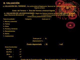B. VALUACIÓN
a).-VALUACIÓN DEL TERRENO .- De conformidad al Reglamento Nacional de Tasaciones del Perú y al Arancel
Vigente se tiene:
Costo del Terreno = Área del Terreno x Arancel Vigente
b).- VALUACIÓN DE LAS EDIFICACIONES.- Según los Valores Unitarios de Edificación vigente, aprobados
según Resolución Ministerial Nº ……………del………………y teniendo en cuenta la tipificación y características
constructivas predominantes se tiene:
Tipos de acabado Categoría Costo por m2
1.- Muros y columnas
2.- Techos
3.- Pisos
4.- Puertas y Ventanas
5.- Revestimientos
6.- Baños
7.- Instalaciones
Costo por m2
: S/.
Depreciación % :
Costo depreciado : S/. / m2
Áreas Construidas:
1er Piso : m2
2do Piso : m2
Otros : m2
Total : m2
 