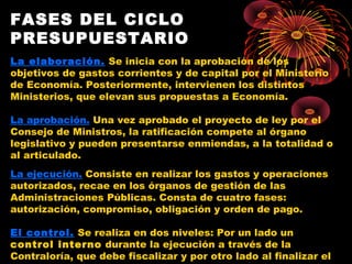FASES DEL CICLO
PRESUPUESTARIO
La elaboración. Se inicia con la aprobación de los
objetivos de gastos corrientes y de capital por el Ministerio
de Economía. Posteriormente, intervienen los distintos
Ministerios, que elevan sus propuestas a Economía.
La aprobación. Una vez aprobado el proyecto de ley por el
Consejo de Ministros, la ratificación compete al órgano
legislativo y pueden presentarse enmiendas, a la totalidad o
al articulado.
La ejecución. Consiste en realizar los gastos y operaciones
autorizados, recae en los órganos de gestión de las
Administraciones Públicas. Consta de cuatro fases:
autorización, compromiso, obligación y orden de pago.
El control. Se realiza en dos niveles: Por un lado un
control interno durante la ejecución a través de la
Contraloría, que debe fiscalizar y por otro lado al finalizar el
 