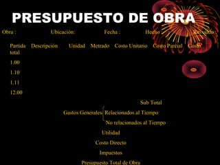 PRESUPUESTO DE OBRA
Obra : Ubicación: Fecha : Hecho : Revisado :
Partida Descripción Unidad Metrado Costo Unitario Costo Parcial Costo
total
1.00
1.10
1.11
12.00
Sub Total
Gastos Generales Relacionados al Tiempo
No relacionados al Tiempo
Utilidad
Costo Directo
Impuestos
Presupuesto Total de Obra
 