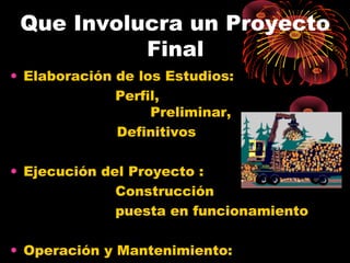Que Involucra un Proyecto
Final
• Elaboración de los Estudios:
Perfil,
Preliminar,
Definitivos
• Ejecución del Proyecto :
Construcción
puesta en funcionamiento
• Operación y Mantenimiento:
 