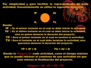 Por simplicidad y para facilitar la representación de cada
actividad, frecuentemente se utiliza la siguiente notación:
IP IU
IL TL
Donde:
IP  : Es el primer instante en el cual se debe iniciar la actividad
IU  : Es el ultimo instante en el cual se debe iniciar la actividad,
sino se quiere demorar la duración del proyecto. 
TP : Sera el primer instante en el cual se termina la actividad. 
TU : Sera el instante en el cual debe terminar la actividad, sino
queremos demorar la duración del proyecto.
TP = IP + D TU = IU + D
Siendo la Holgura de cada actividad, como el tiempo máximo
que se puede retrasar el comienzo de una actividad sin que
esto retrase la finalización del proyecto.
Holgura = IU - IP = TU - TP
 