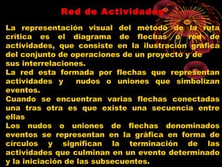 Red de Actividades
La representación visual del método de la ruta
crítica es el diagrama de flechas o red de
actividades, que consiste en la ilustración gráfica
del conjunto de operaciones de un proyecto y de
sus interrelaciones.
La red esta formada por flechas que representan
actividades y nudos o uniones que simbolizan
eventos.
Cuando se encuentran varias flechas conectadas
una tras otra es que existe una secuencia entre
ellas
Los nudos o uniones de flechas denominados
eventos se representan en la gráfica en forma de
círculos y significan la terminación de las
actividades que culminan en un evento determinado
y la iniciación de las subsecuentes.
 