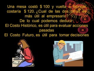 Una mesa costó $ 100 y vuelta a fabricar
costaría $ 120. ¿Cual de las dos cifras es
más útil al empresario?
De lo cual podemos deducir:
El Costo Histórico, es útil para evaluar acciones
pasadas
El Costo Futuro, es útil para tomar decisiones
 