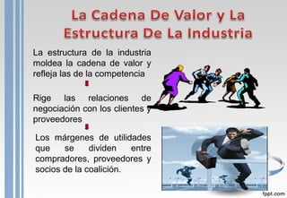La estructura de la industria
moldea la cadena de valor y
refleja las de la competencia
Rige las relaciones de
negociación con los clientes y
proveedores
Los márgenes de utilidades
que se dividen entre
compradores, proveedores y
socios de la coalición.
 