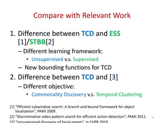 Compare with Relevant Work
1. Difference between TCD and ESS
[1]/STBB[2]
– Different learning framework:
• Unsupervised v.s. Supervised
– New bounding functions for TCD
2. Difference between TCD and [3]
– Different objective:
• Commonality Discovery v.s. Temporal Clustering
[1] “Efficient subwindow search: A branch and bound framework for object
localization”, PAMI 2009.
[2] “Discriminative video pattern search for efficient action detection”, PAMI 2011. 16
 
