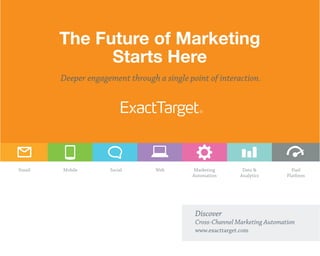 The Future of Marketing
              Starts Here
        Deeper engagement through a single point of interaction.




Email   Mobile       Social       Web        Marketing        Data           Fuel
                                            Automation       Analytics      Platform




                                             Discover
                                             Cross-Channel Marketing Automation
                                             www.exacttarget.com
 