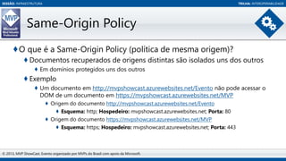 SESSÃO: INFRAESTRUTURA

TRILHA: INTEROPERABILIDADE

Same-Origin Policy
♦O que é a Same-Origin Policy (política de mesma origem)?
♦ Documentos recuperados de origens distintas são isolados uns dos outros
♦ Em domínios protegidos uns dos outros

♦ Exemplo
♦ Um documento em http://mvpshowcast.azurewebsites.net/Evento não pode acessar o
DOM de um documento em https://mvpshowcast.azurewebsites.net/MVP
♦ Origem do documento http://mvpshowcast.azurewebsites.net/Evento
♦ Esquema: http; Hospedeiro: mvpshowcast.azurewebsites.net; Porta: 80
♦ Origem do documento https://mvpshowcast.azurewebsites.net/MVP
♦ Esquema: https; Hospedeiro: mvpshowcast.azurewebsites.net; Porta: 443

© 2013, MVP ShowCast. Evento organizado por MVPs do Brasil com apoio da Microsoft.

 