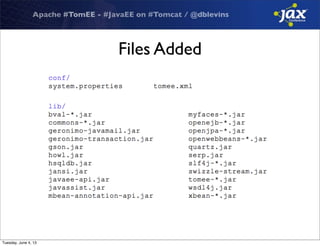 Apache #TomEE - #JavaEE on #Tomcat / @dblevins
Files Added
Tuesday, June 4, 13
 