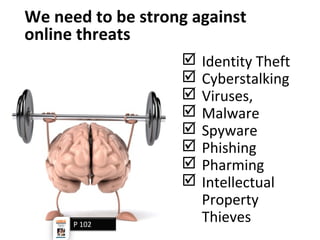 We need to be strong against
online threats
 Identity Theft
 Cyberstalking
 Viruses,
 Malware
 Spyware
 Phishing
 Pharming
 Intellectual
Property
ThievesP 102
 