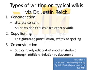 Types of writing on typical wikis
via Dr. Justin Reich
1. Concatenation
– discrete content
– Students don’t touch each other’s work
2. Copy Editing
– Edit grammar, punctuation, syntax or spelling
3. Co construction
– Substantively edit text of another student
through addition, deletion replacement
As quoted in
Chapter 1: Reinventing Writing
By Vicki Davis @eyeoneducation
Fall 2013
 