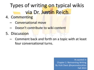 Types of writing on typical wikis
via Dr. Justin Reich
4. Commenting
– Conversational move
– Doesn’t contribute to wiki content
5. Discussion
– Comment back and forth on a topic with at least
four conversational turns.
As quoted in
Chapter 1: Reinventing Writing
By Vicki Davis @eyeoneducation
Fall 2013
 
