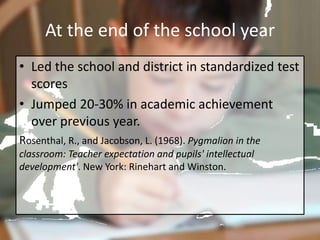 At the end of the school year
• Led the school and district in standardized test
scores
• Jumped 20-30% in academic achievement
over previous year.
Rosenthal, R., and Jacobson, L. (1968). Pygmalion in the
classroom: Teacher expectation and pupils' intellectual
development'. New York: Rinehart and Winston.
 
