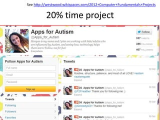 20% time project
See http://westwood.wikispaces.com/2012+Computer+Fundamentals+Projects
 