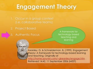 Engagement Theory
1. Occur in a group context
(i.e. collaborative teams)
2. Project Based
3. Authentic Focus
Kearsley, G. & Schneiderman, B. (1999). Engagement
theory: A framework for technology-based learning
and teaching. Originally at
http://home.sprynet.com/~gkearsley/engage.htm .
Retrieved 14:42, 11 September 2006 (MEST)
A framework for
technology based
teaching and
learning
 