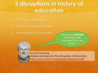 3 disruptions in history of
education
1. Phonetic Alphabet
2. Mass produced books
3. Networked computers
David Thornburg
Mobile Learning and the Disruption of Education
http://www.tcse-k12.org/pages/disruptive.pdf
Things that SHOULD
fundamentally
changed how we
teach
 
