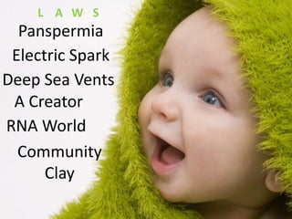 Panspermia
Electric Spark
Deep Sea Vents
RNA World
Community
Clay
A Creator
L A W S
 