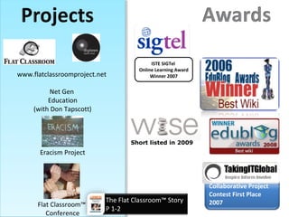 Collaborative Project
Contest First Place
2007
ISTE SIGTel
Online Learning Award
Winner 2007www.flatclassroomproject.net
Net Gen
Education
(with Don Tapscott)
Eracism Project
Flat Classroom™
Conference
www.flatclassroomproject.net
Net Gen
Education
(with Don Tapscott)
Eracism Project
Flat Classroom™
Conference
The Flat Classroom™ Story
P 1-2
Short listed in 2009
 