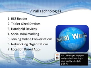 7 Pull Technologies
1. RSS Reader
2. Tablet-Sized Devices
3. Handheld Devices
4. Social Bookmarking
5. Joining Online Conversations
6. Networking Organizations
7. Location Based Apps
Pull Learning to help you
easily embed learning in
your weekly schedule
p 36-41
 