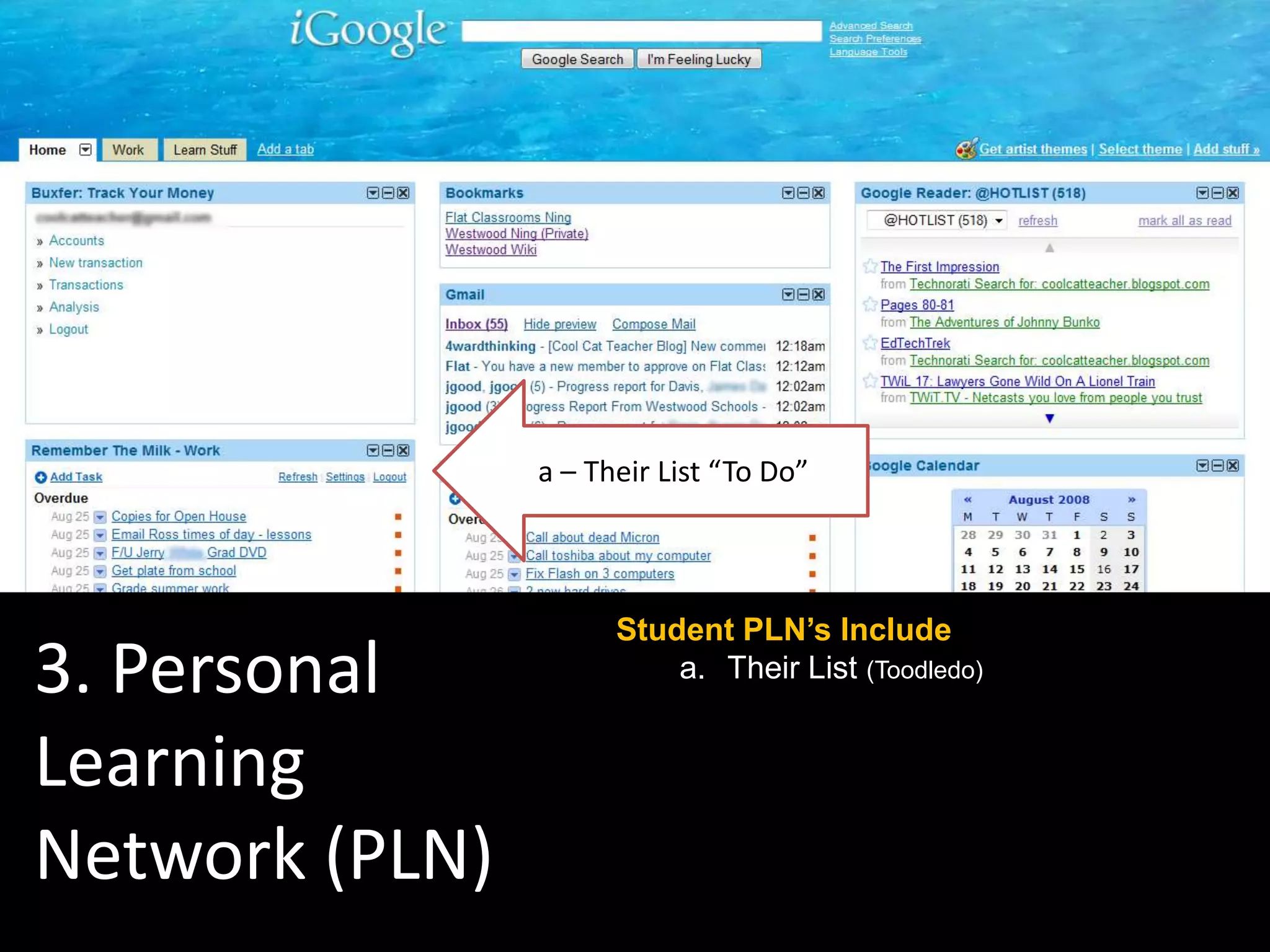 Student PLN’s Include
a. Their List (Toodledo)
3. Personal
Learning
Network (PLN)
a – Their List “To Do”
 