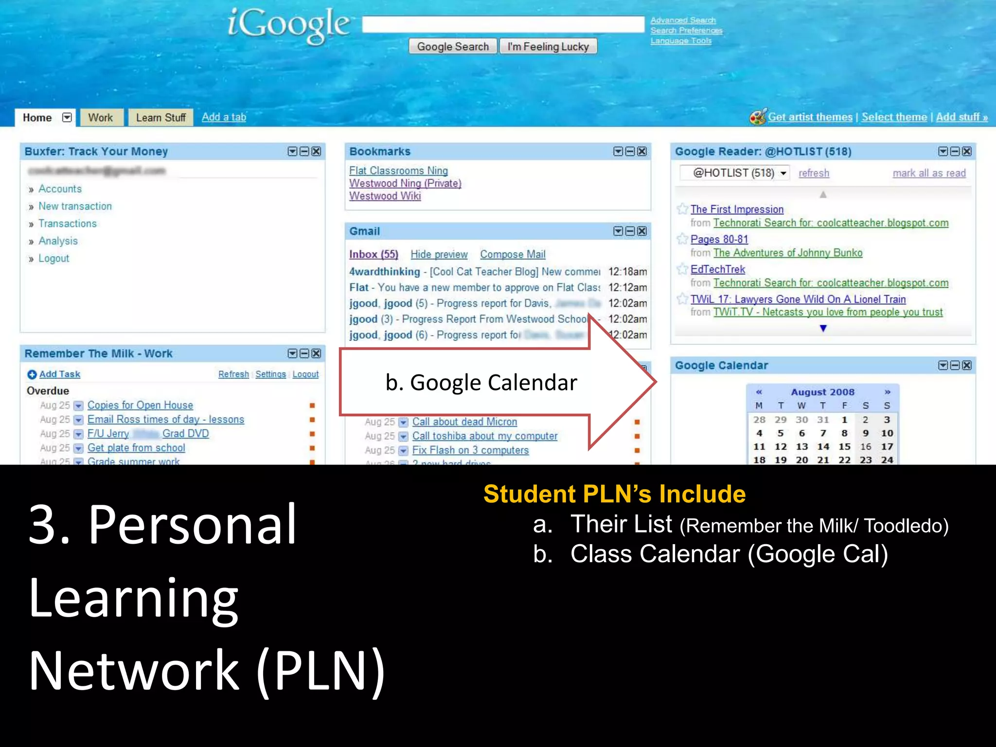 Student PLN’s Include
a. Their List (Remember the Milk/ Toodledo)
b. Class Calendar (Google Cal)
3. Personal
Learning
Network (PLN)
b. Google Calendar
 