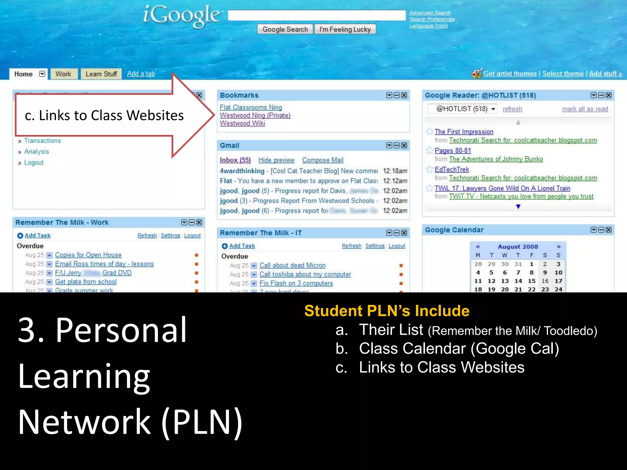 Student PLN’s Include
a. Their List (Remember the Milk/ Toodledo)
b. Class Calendar (Google Cal)
c. Links to Class Websites
3. Personal
Learning
Network (PLN)
c. Links to Class Websites
 