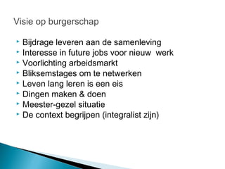 Visie op burgerschap

 Bijdrage leveren aan de samenleving
 Interesse in future jobs voor nieuw werk
 Voorlichting arbeidsmarkt
 Bliksemstages om te netwerken
 Leven lang leren is een eis
 Dingen maken & doen
 Meester-gezel situatie
 De context begrijpen (integralist zijn)
 